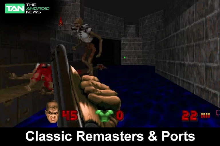 A first-person perspective screenshot from the game DOOM, showing the player holding a double-barrel shotgun. In the background, a skeleton-like Revenant demon stands in a stone corridor with dark blue liquid on the floor. A logo for "The Android News" is in the top left.