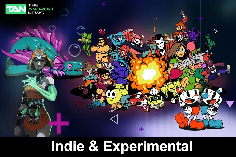 A vibrant collage of various indie game characters against a dark blue background with purple geometric accents. Notable characters include Melinoë from Hades II, Cuphead and Mugman, and characters from Shovel Knight and Celeste.