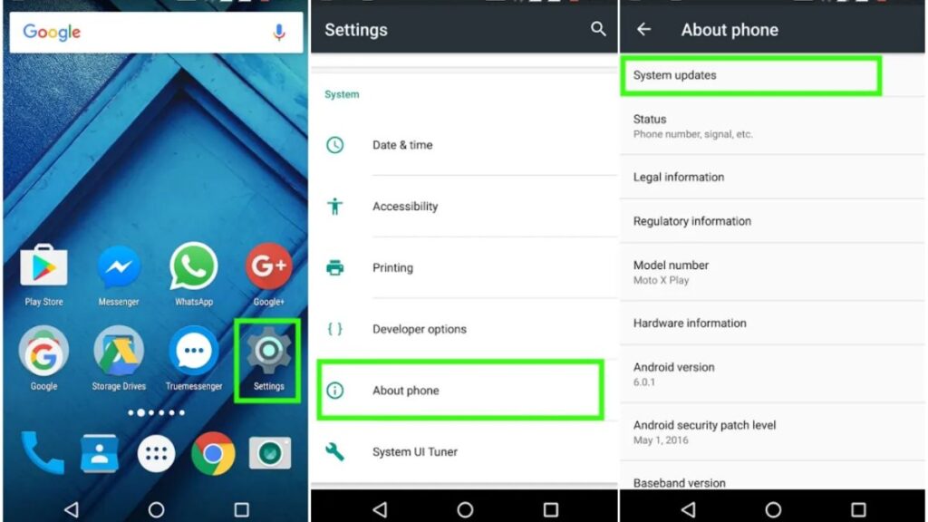  Screenshots of checking Android OS Updates