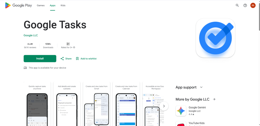 Screenshot of Google tasks app