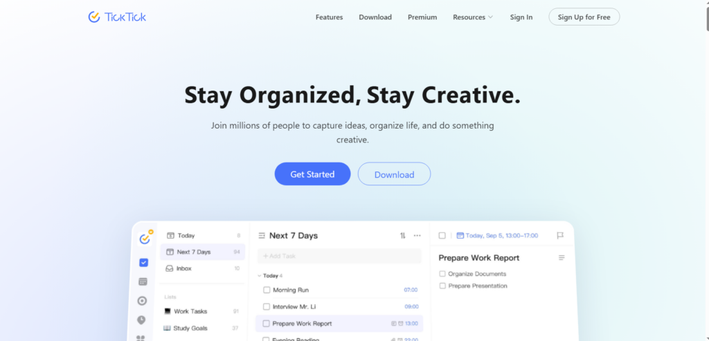 Home page screenshot of TickTick