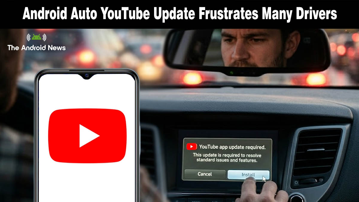 Android Auto dashboard and YouTube logo on a smartphone screen, illustrating driver frustration