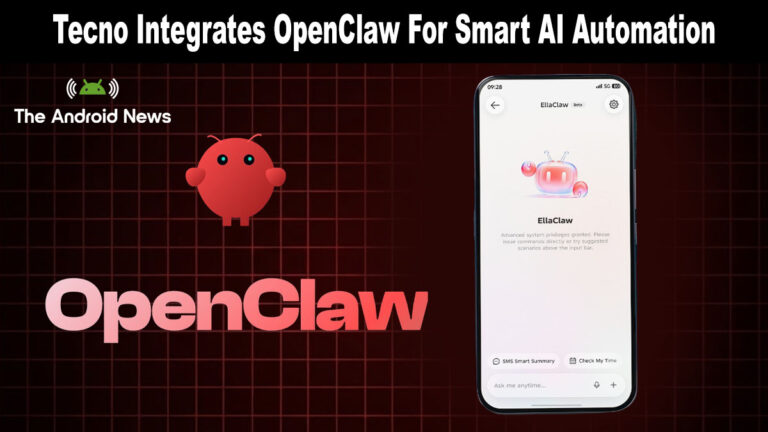Tecno smartphone displaying OpenClaw AI automation interface on a red grid background.