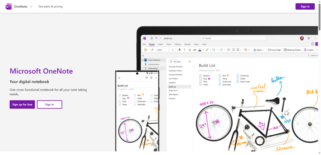 Screenshot from Microsoft OneNote webpage
