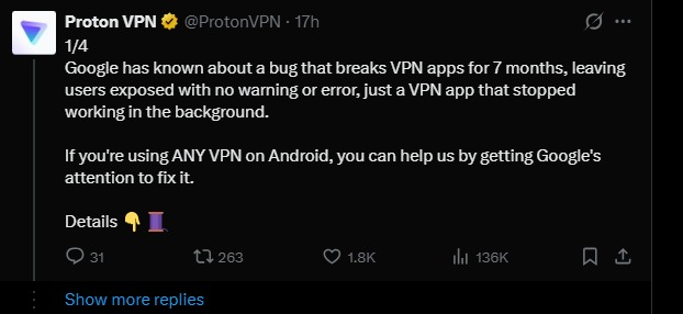 Proton VPN's X Post screenshot by theandroidnews