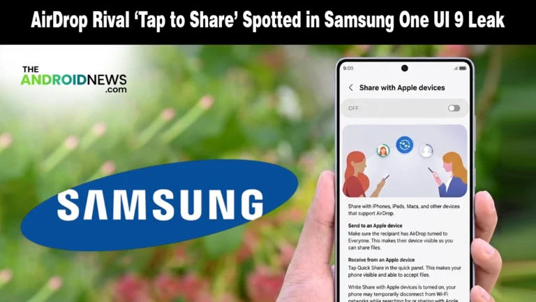 Samsung logo and smartphone interface showing the new Tap to Share feature from a One UI 9 leak.
