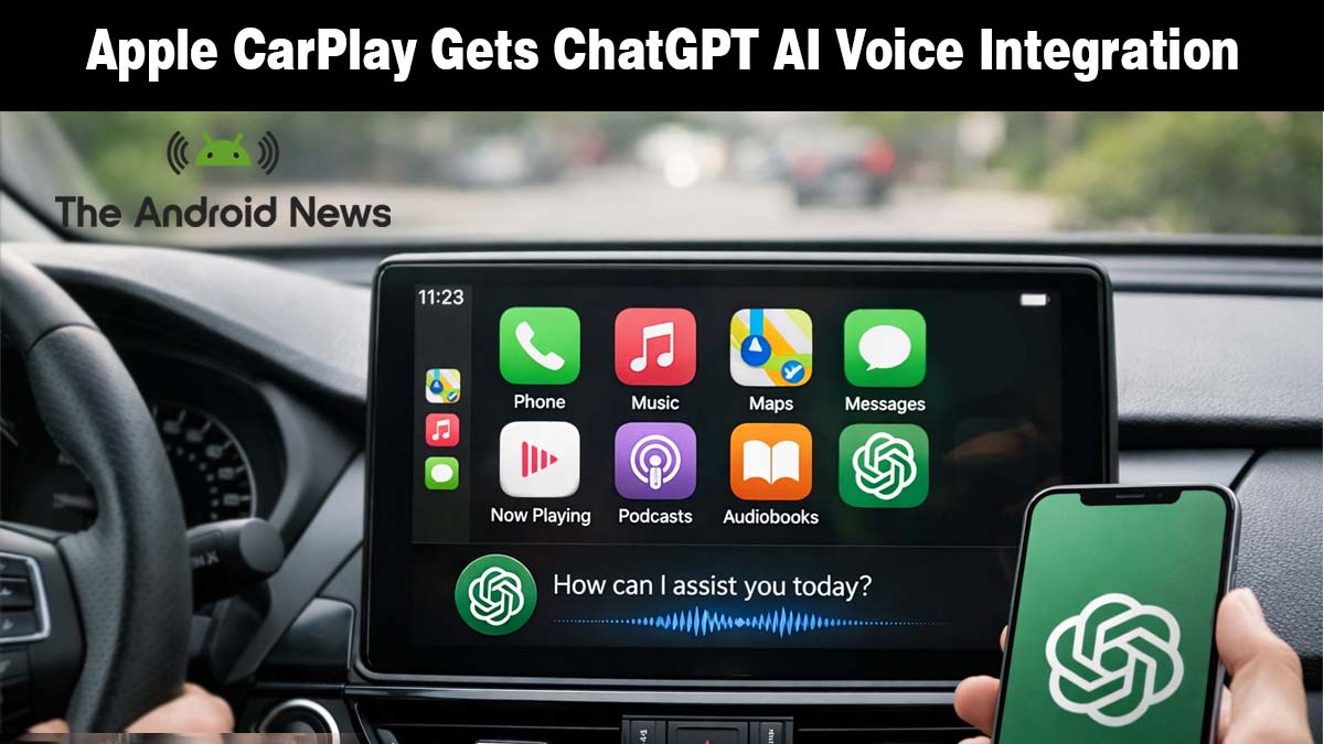 Apple CarPlay dashboard interface next to a smartphone with the ChatGPT logo