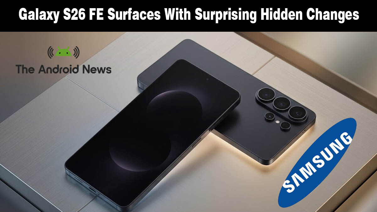 Samsung Galaxy S26 FE smartphone leak graphic.