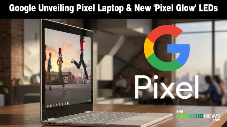 Side view of a slim laptop and vibrant LED light strip for a Google hardware news update.