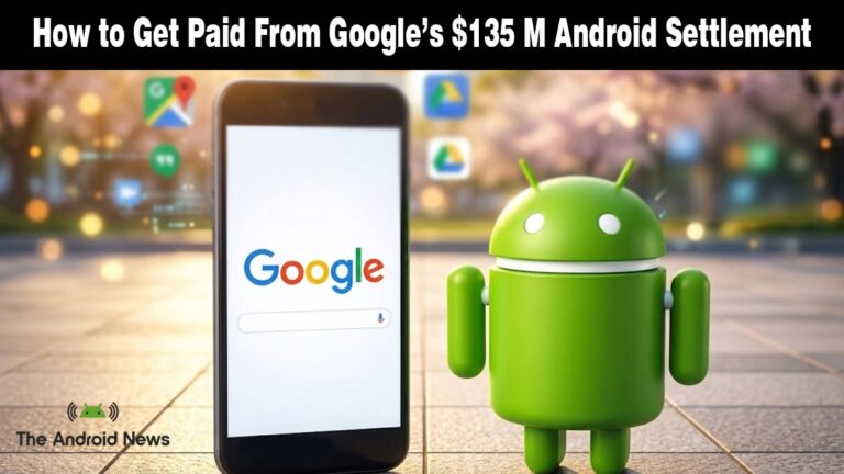 Android mascot and Google smartphone on a news graphic for the $135M settlement.