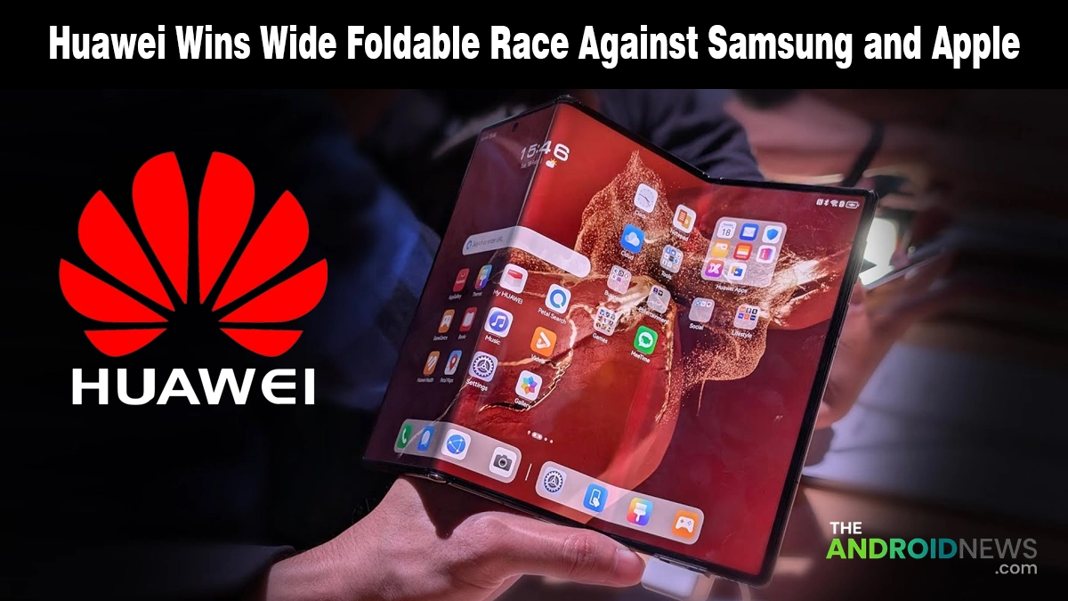 Huawei foldable smartphone being held open next to the Huawei logo for a news report.