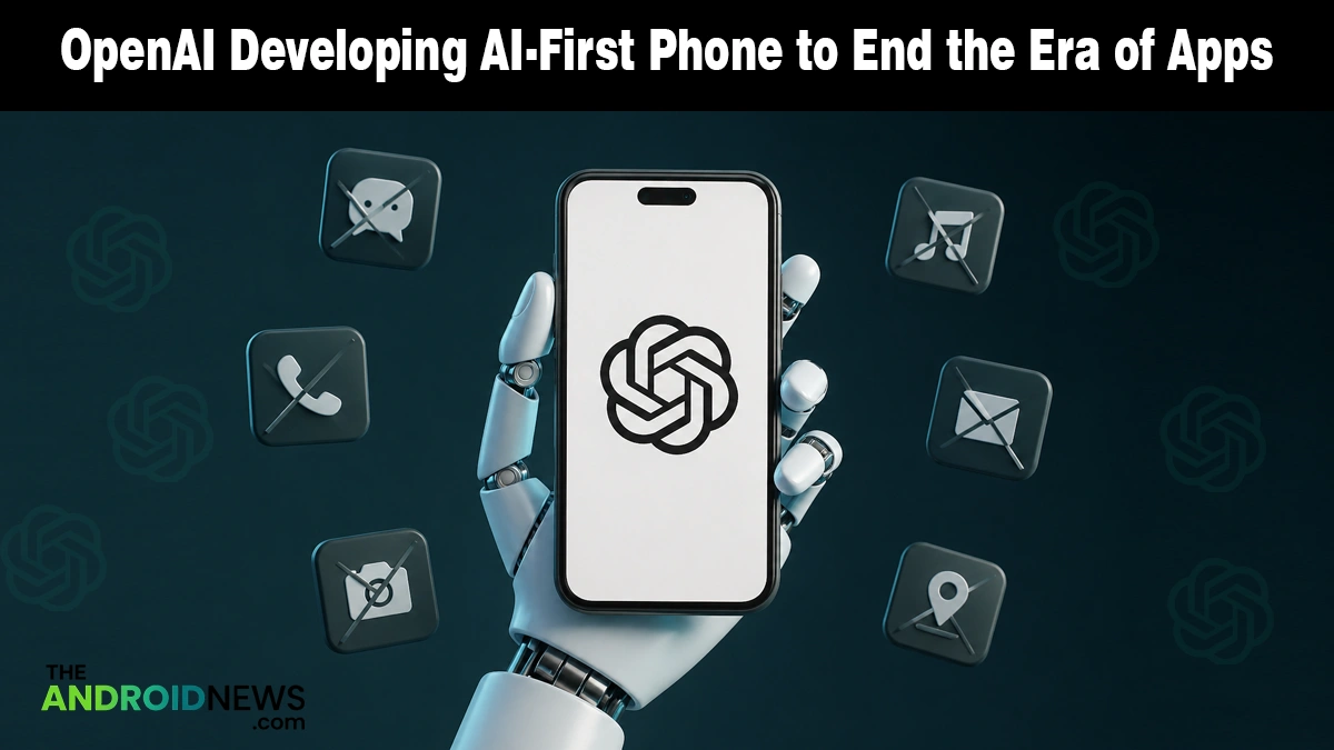 Robotic hand holding a smartphone with the OpenAI logo, illustrating a news story about an AI-first device.