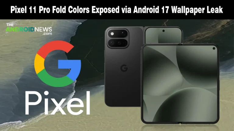 Foldable smartphone displaying leaked Android 17 wallpapers on a tech news banner.