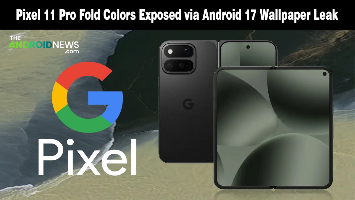 Foldable smartphone displaying leaked Android 17 wallpapers on a tech news banner.