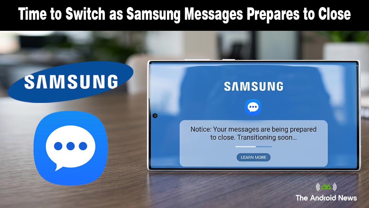 Samsung Messages app icon and notification on a smartphone for a news report.