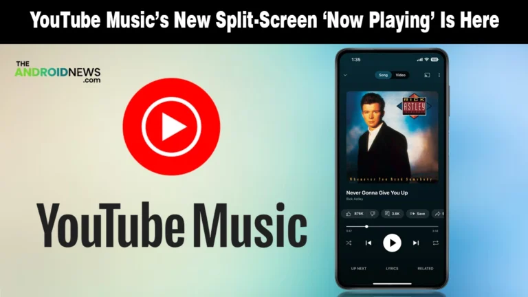 YouTube Music app interface showing the new split-screen Now Playing design on a smartphone.