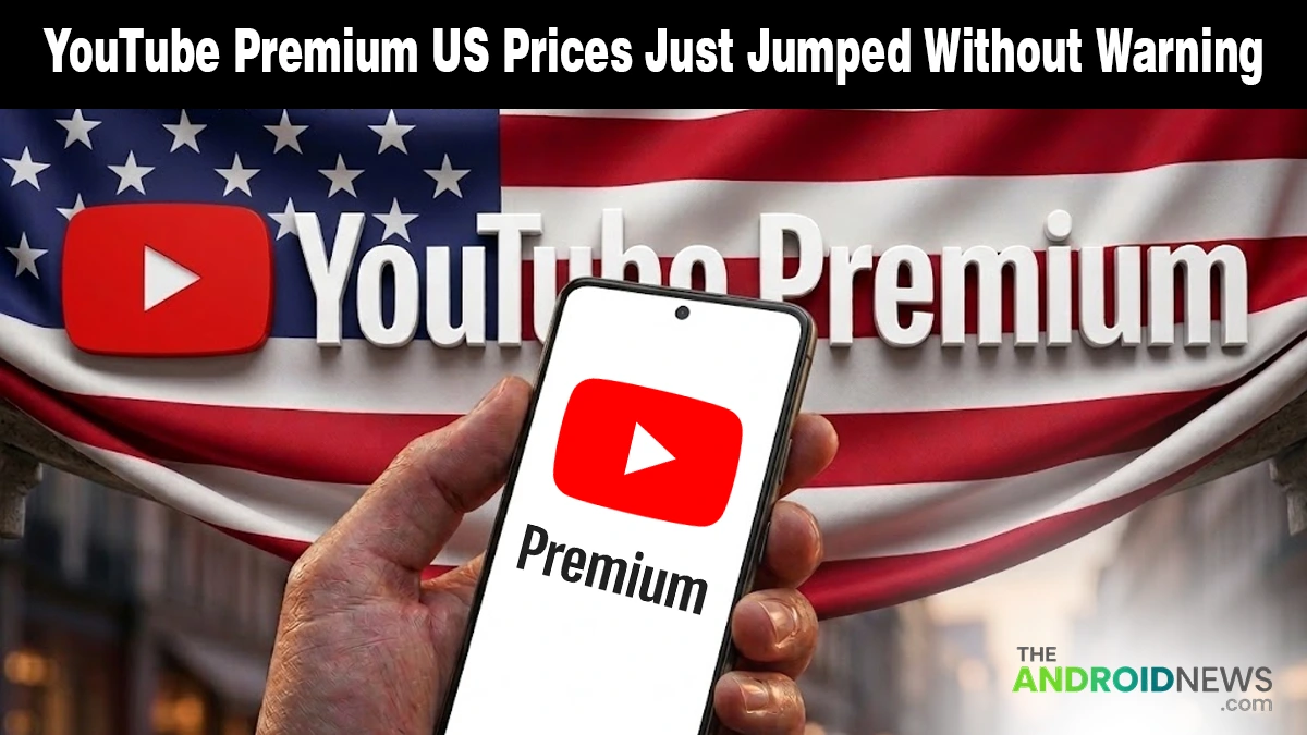 YouTube Premium logo on a smartphone screen against a US flag background for a price hike report.