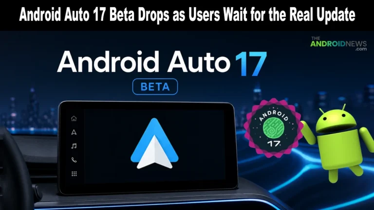 Car dashboard screen running Android Auto next to a mechanic Android robot on a tech banner for theandroidnews.com.