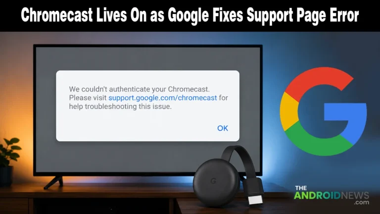 Google Chromecast support error fix banner for TheAndroidNews.com showing an authentication error on a TV screen.