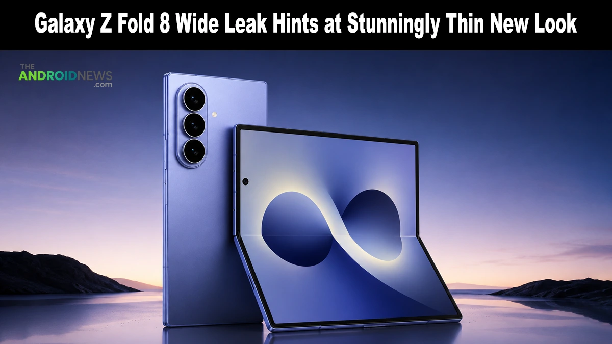 An unfolded lavender-blue Galaxy Z Fold 8 Wide smartphone showing its primary display infinity wallpaper on a tech news banner for theandroidnews.com.