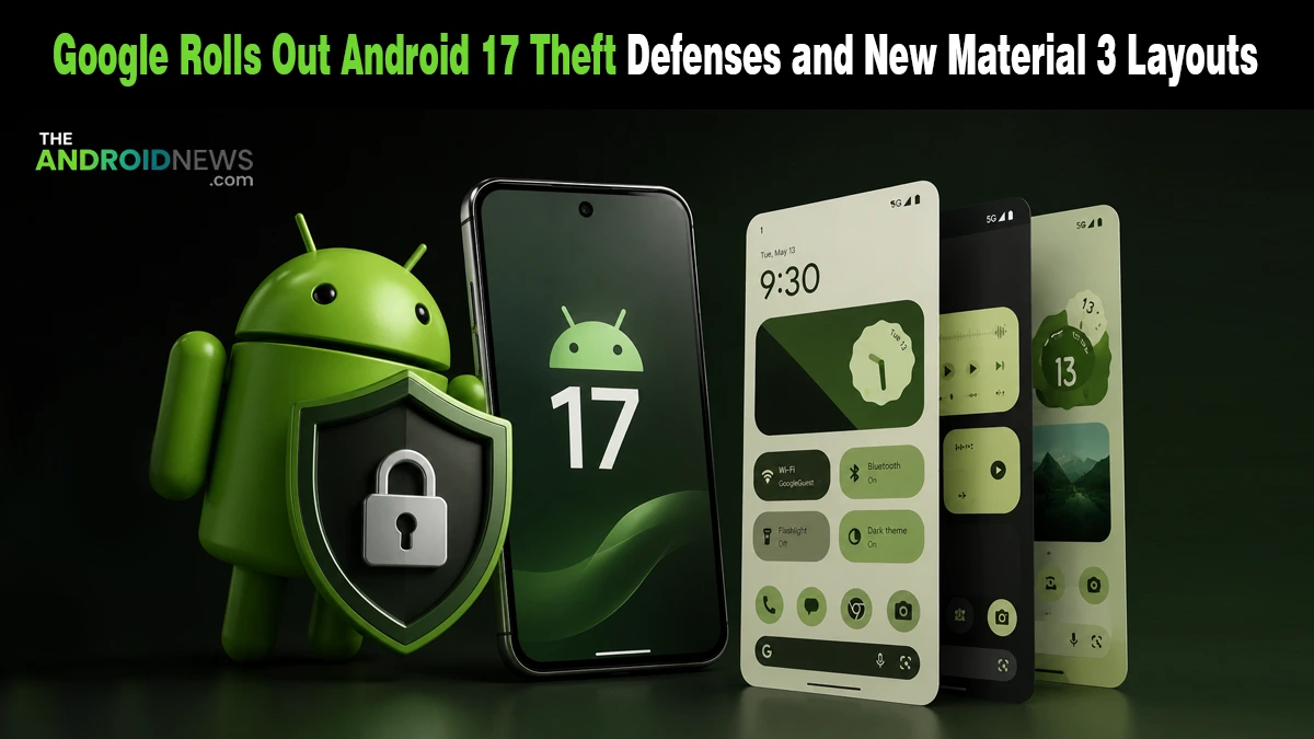 Android 17 features banner for TheAndroidNews.com showing Android mascot with a security shield and new Material 3 UI layouts.