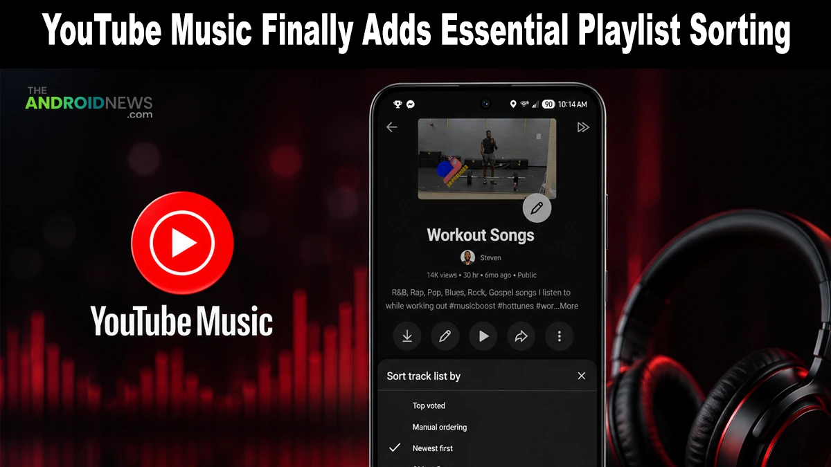 YouTube Music app interface showing playlist sorting feature on a smartphone for TheAndroidNews.com.