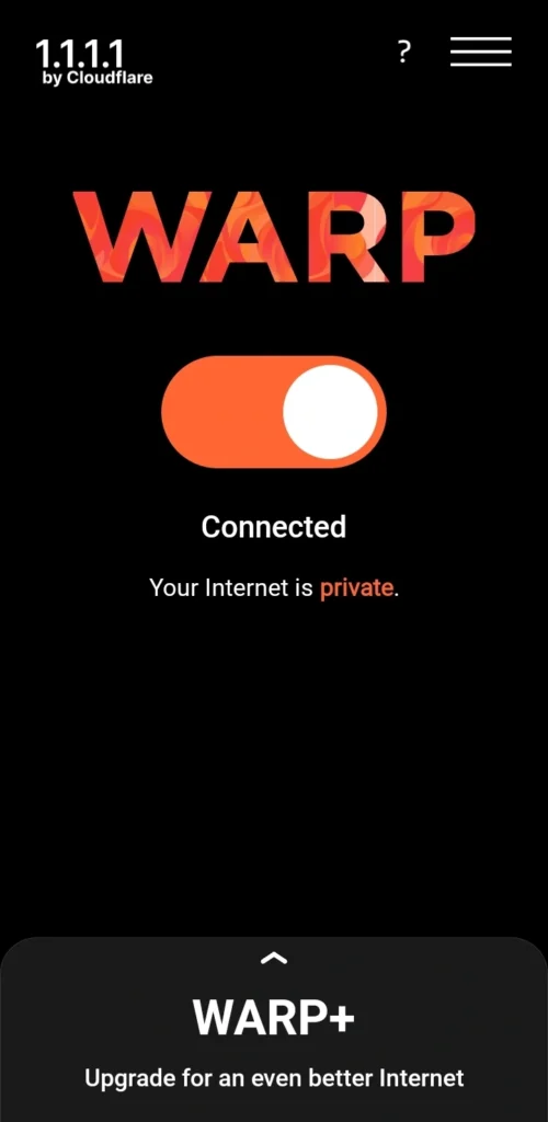 Screenshot of Cloudflare WARP vpn also considered as one of the best vpn apps for android