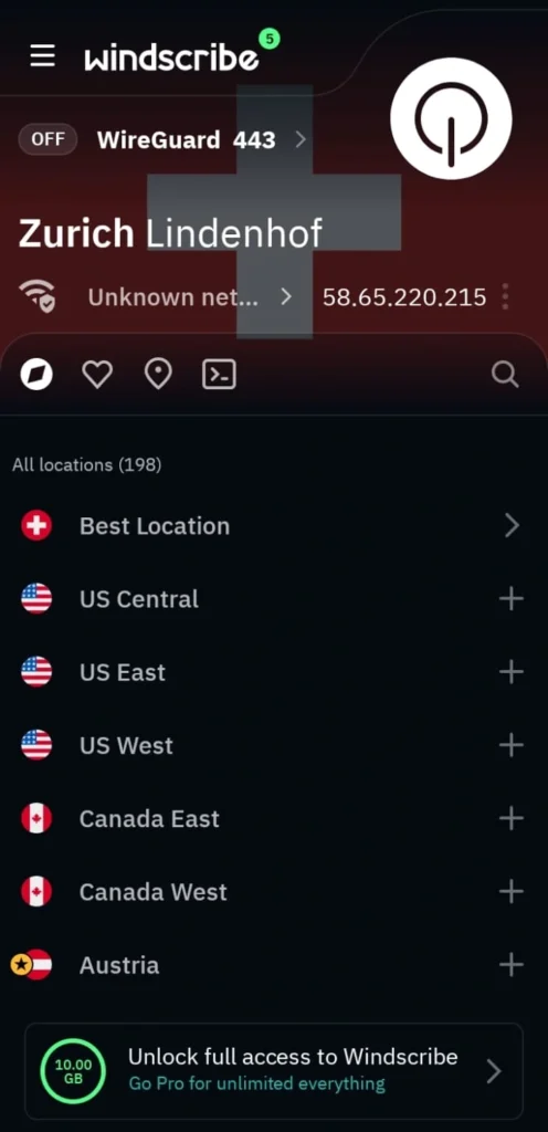 Screenshot of Windscribe vpn for android