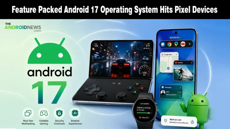 Feature Packed Android 17 Operating System Hits Pixel Devices news banner for TheAndroidNews.com.