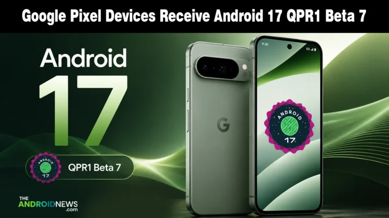 Google Pixel smartphone displaying the Android 17 logo next to an Android 17 QPR1 Beta 7 update graphic.