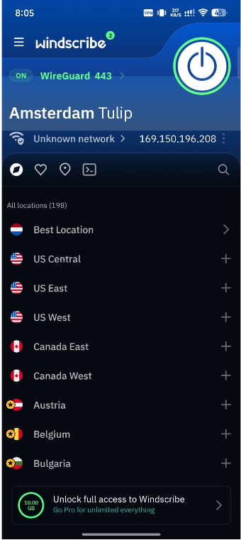 screenshot showing windscribe Vpn is connected 