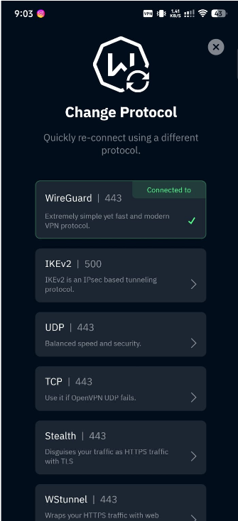 Screenshot of windscribe showing different protocols