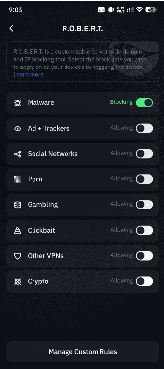 screenshot showing the R.O.B.E.R.T. on windscribe vpn