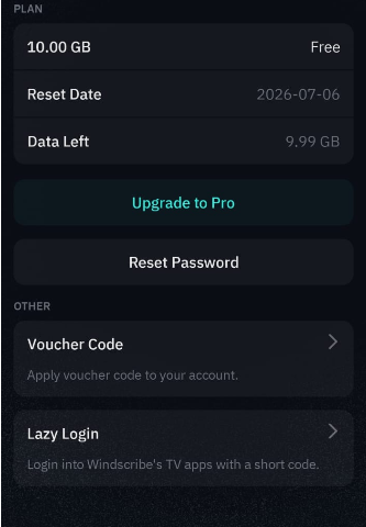 Screenshot of data plan on windscribe vpn app
