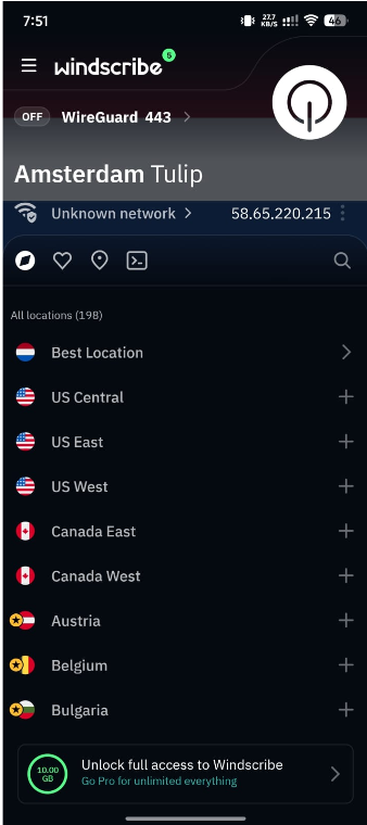 Home page screenshot of Windscribe VPN